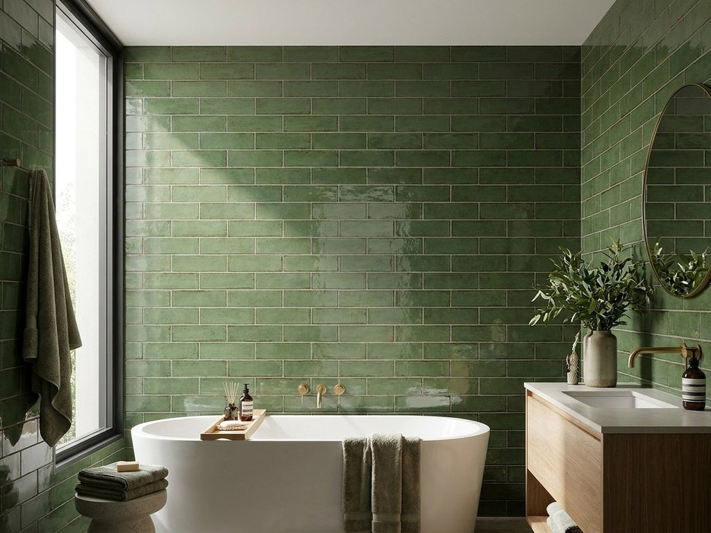 Tuart Kelp Gloss 75x300 tiles in a room