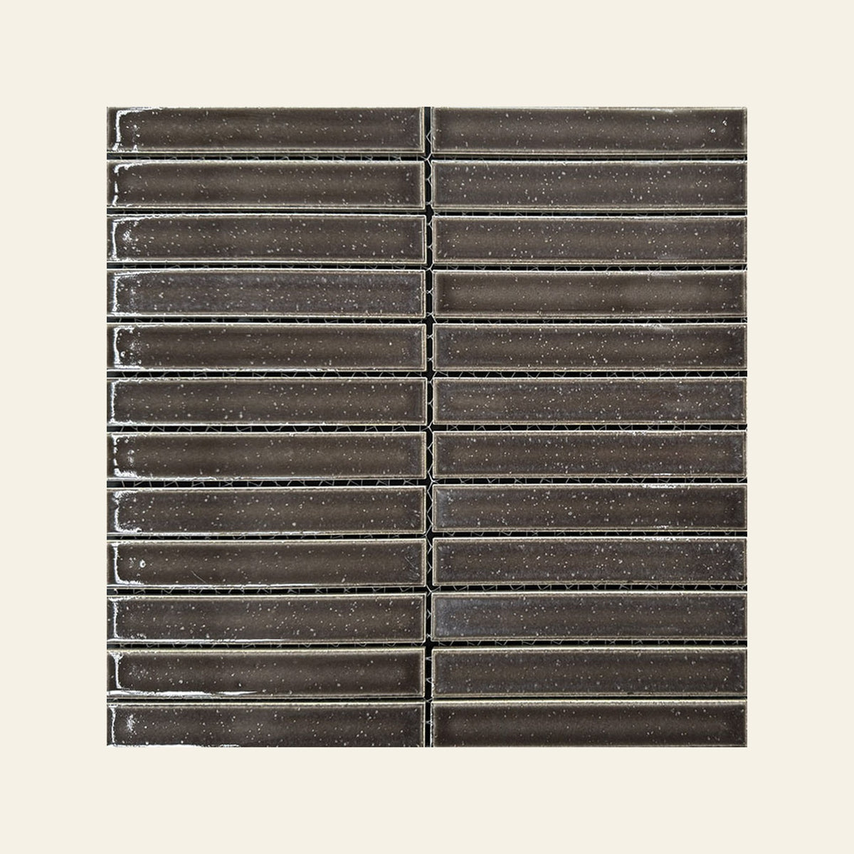 Wabisabi Finger Charcoal Glazed 22x147 Finger Mosaic, true-scale swatch: 400 x 400 mm of wall at real size