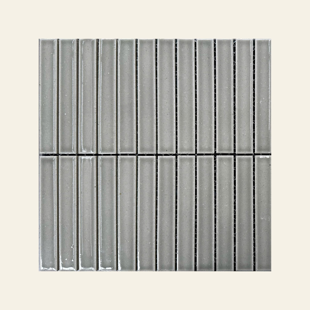 Wabisabi Finger Grey Glazed 22x147 Finger Mosaic, true-scale swatch: 400 x 400 mm of wall at real size