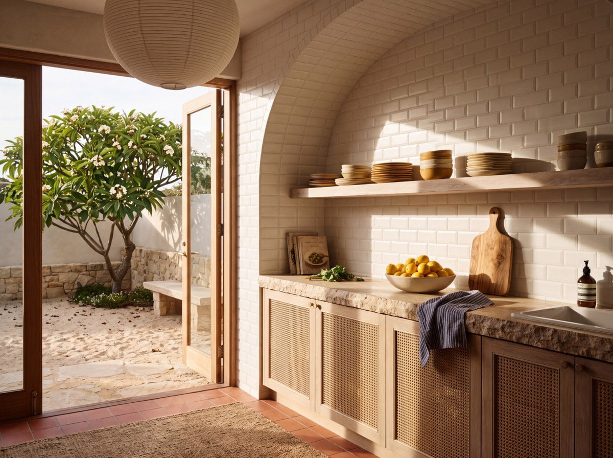 Waratah Whitecap Bevelled Cushion Edge Matt 75x150 tiles in a kitchen