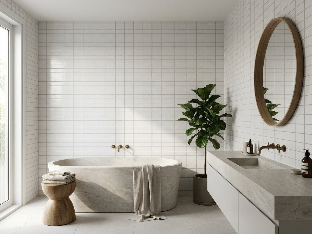 Waratah Whitecap Bevelled Cushion Edge Matt 75x150 tiles in a room
