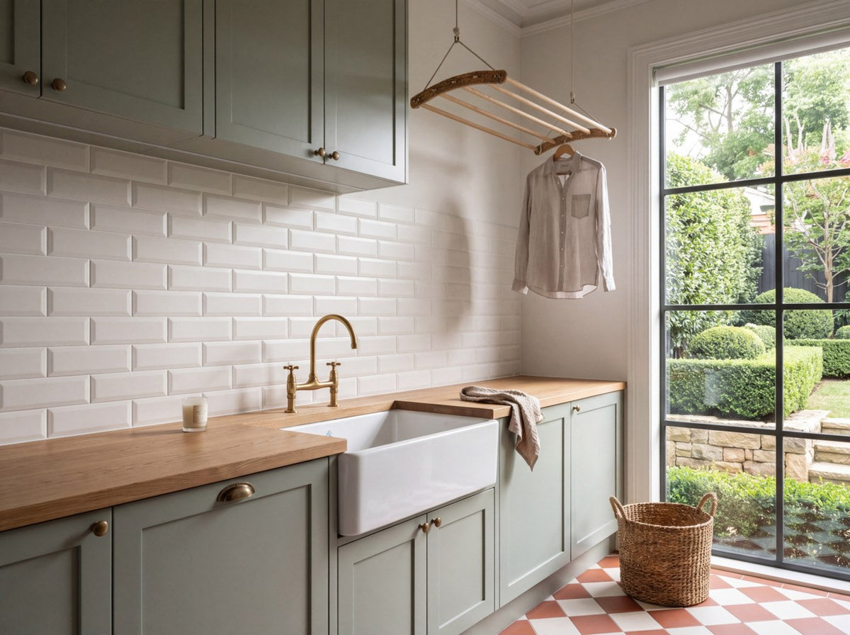 Waratah Whitecap Bevelled Matt 100x300 tiles in a laundry
