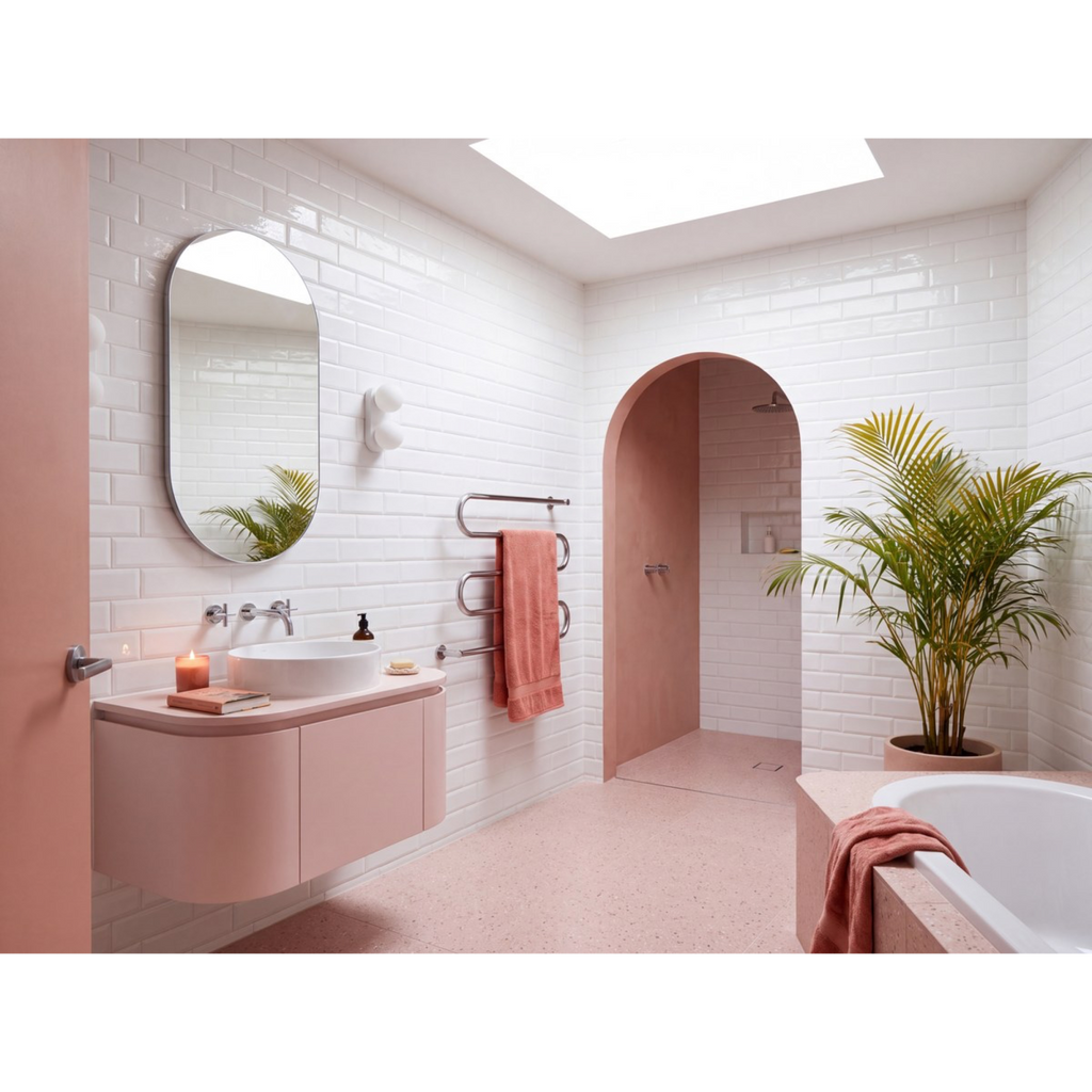 Waratah Whitecap Cushion Edge Gloss 75x150 tiles in a bathroom