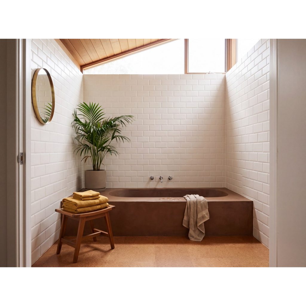 Waratah Whitecap Cushion Edge Matt 100x200 tiles in a bathroom