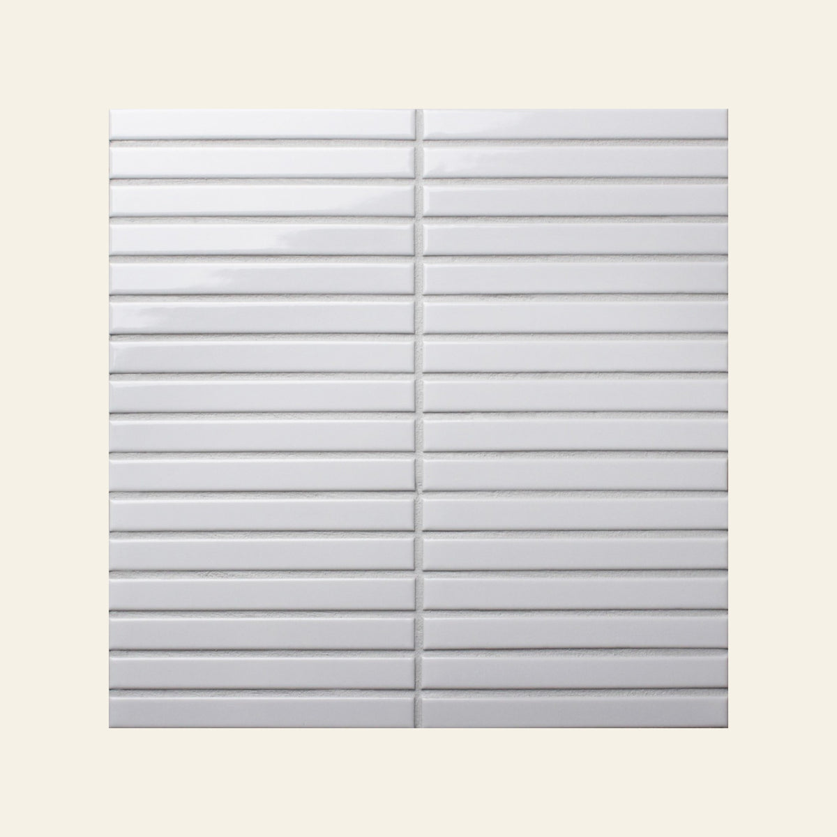 White Finger Gloss 15x145 Finger Mosaic, true-scale swatch: 400 x 400 mm of wall at real size