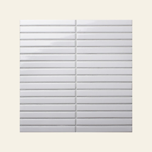 White Finger Gloss 15x145 Finger Mosaic, true-scale swatch: 400 x 400 mm of wall at real size