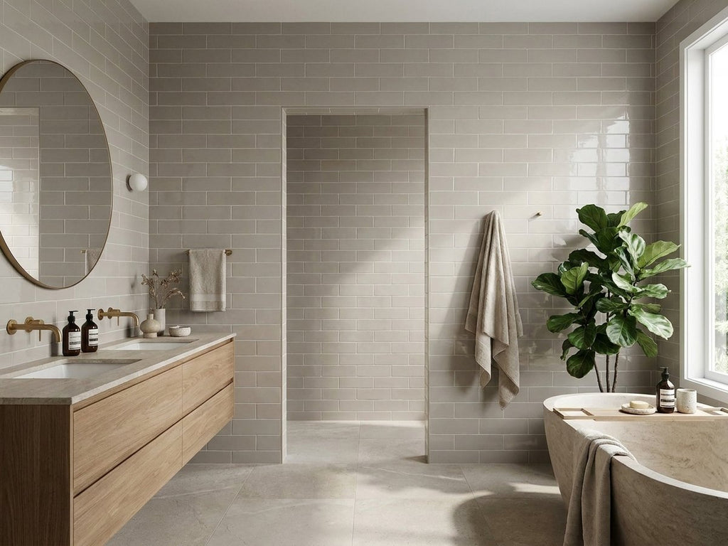 Yarra Tussock Brick Gloss 75x300 tiles in a room