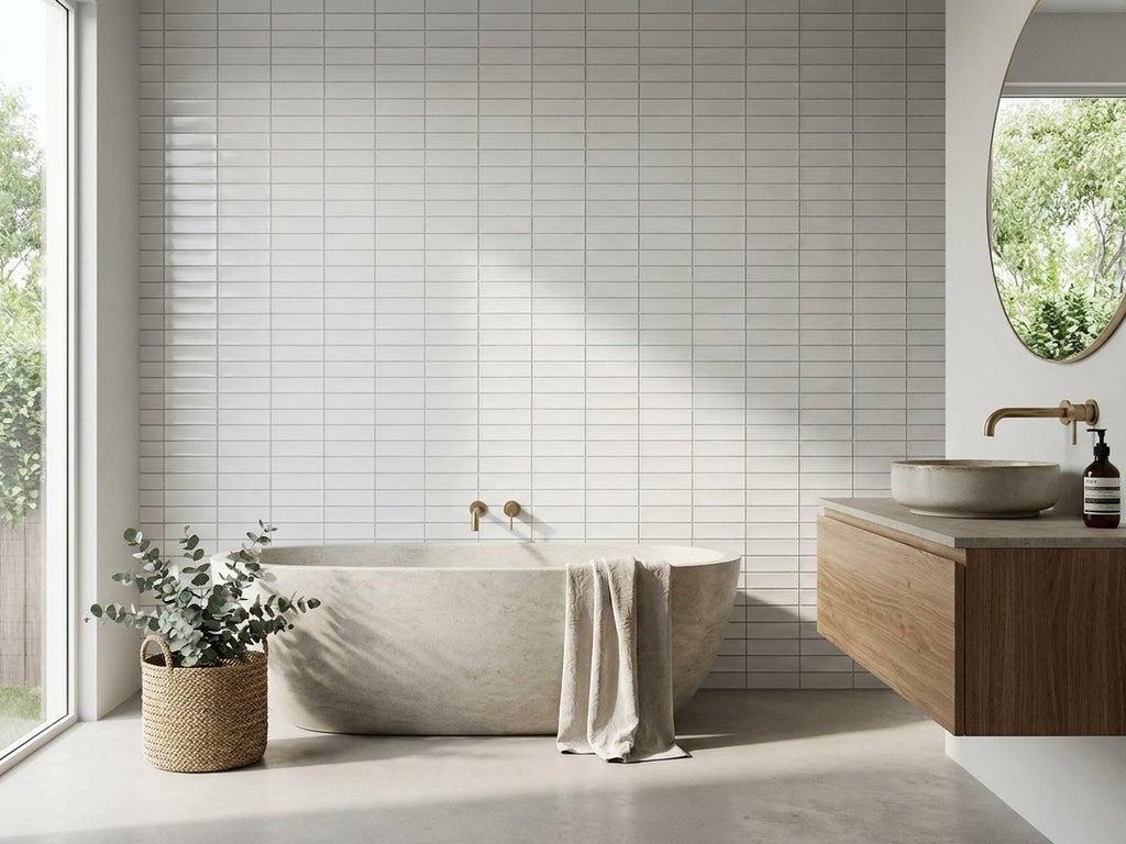 White Venetian Bamboo Matt 32.5x145 Finger Mosaic tiles in a room