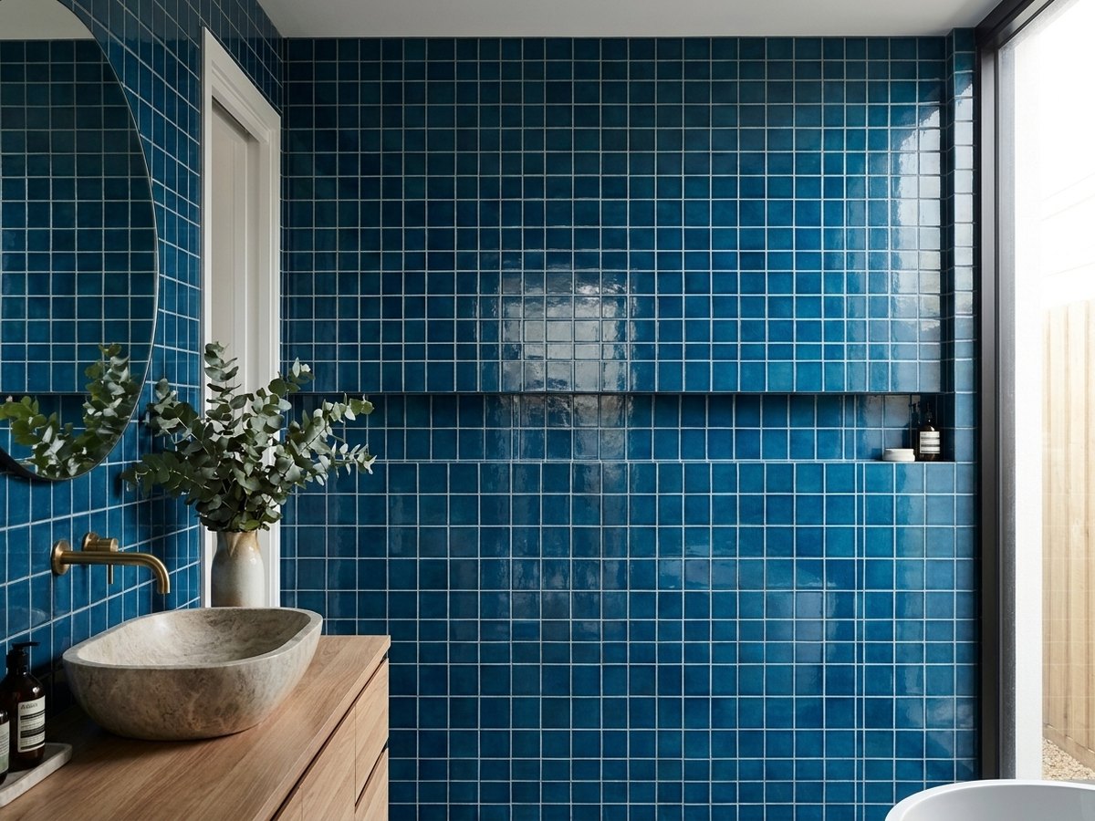 Pool Sorrento Kingfisher Blue Crackle Gloss 48x48 Mosaic tiles in a room
