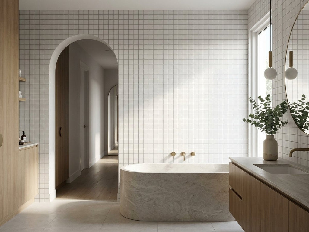 Bega White Cushion Edge Matt 150x150 tiles in a room