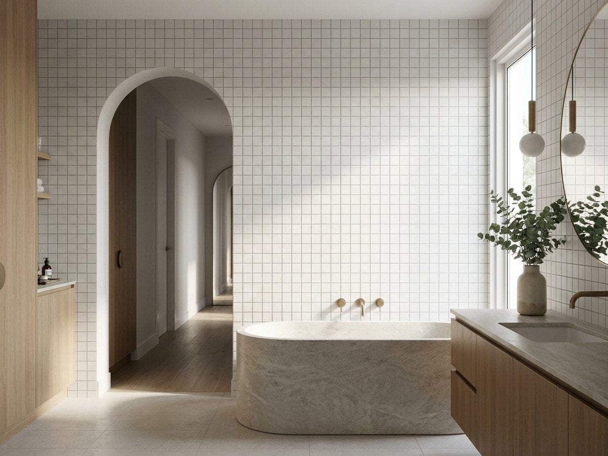 Bega White Cushion Edge Matt 150x150 tiles in a room
