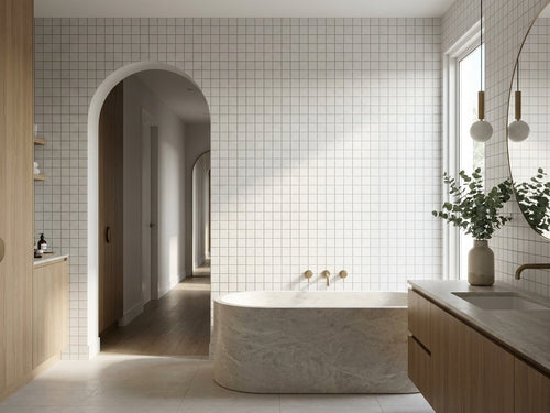 Bega White Cushion Edge Matt 150x150 tiles in a room