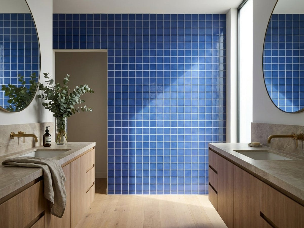 Pool Sorrento Smalt Plain Dark Blue Gloss 48x48 Mosaic tiles in a room