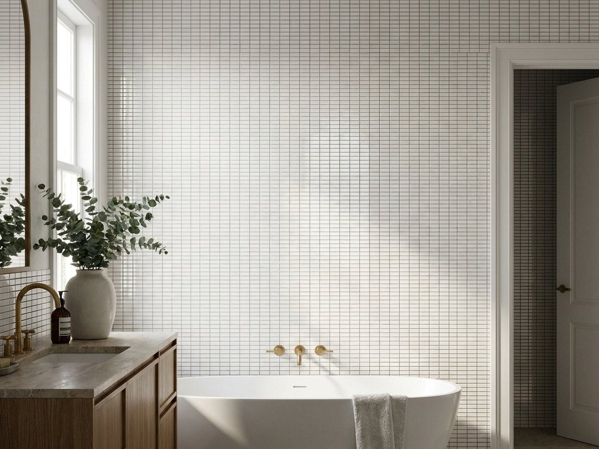 Yoso Concave Finger Off White Gloss 20x145 Finger Mosaic tiles in a room