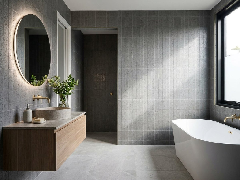 Extruded Porcelain Charcoal Brick Grip 45x145 tiles in a room