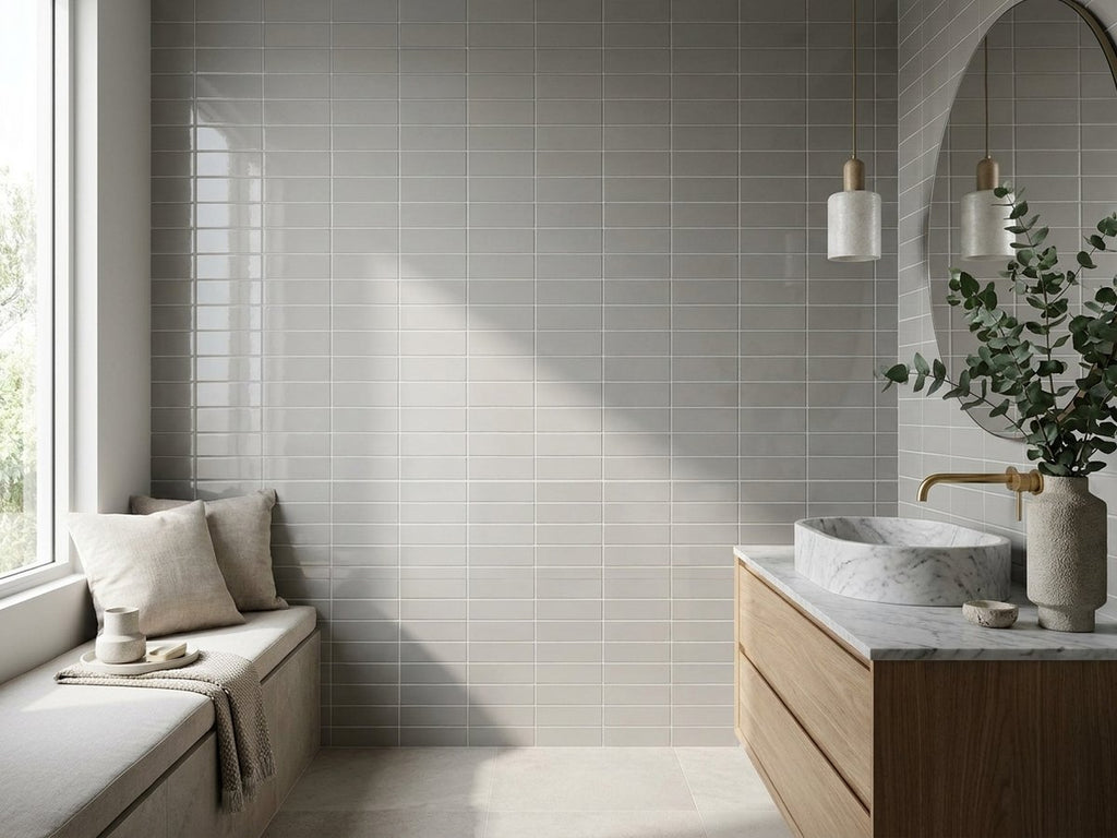 Stackbond Finger Solid White Gloss 12.8x95 Finger Mosaic tiles in a room