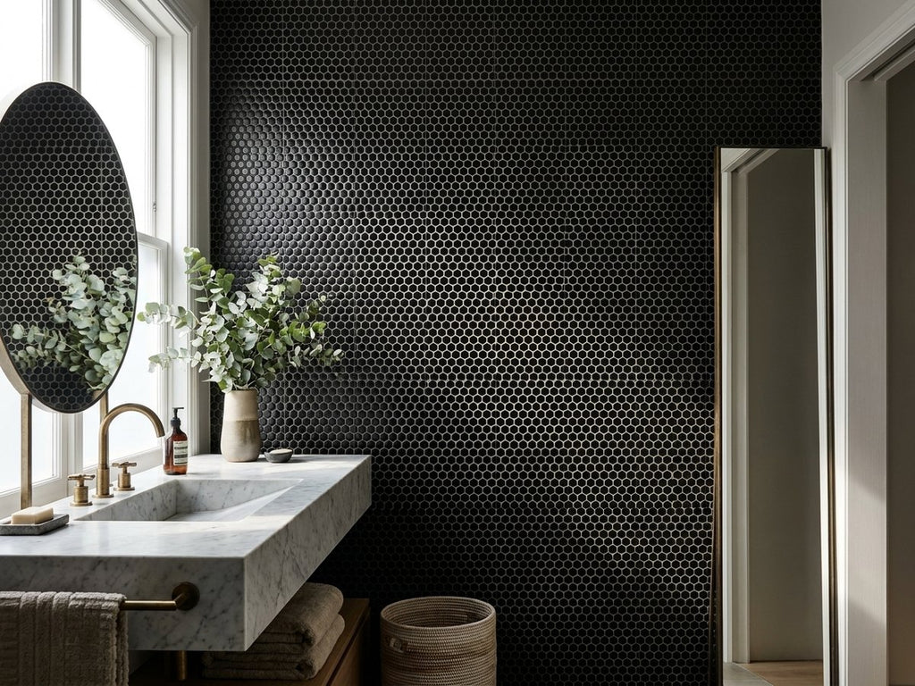 Black Penny Gloss Mosaic Sheet 292x315 tiles in a room