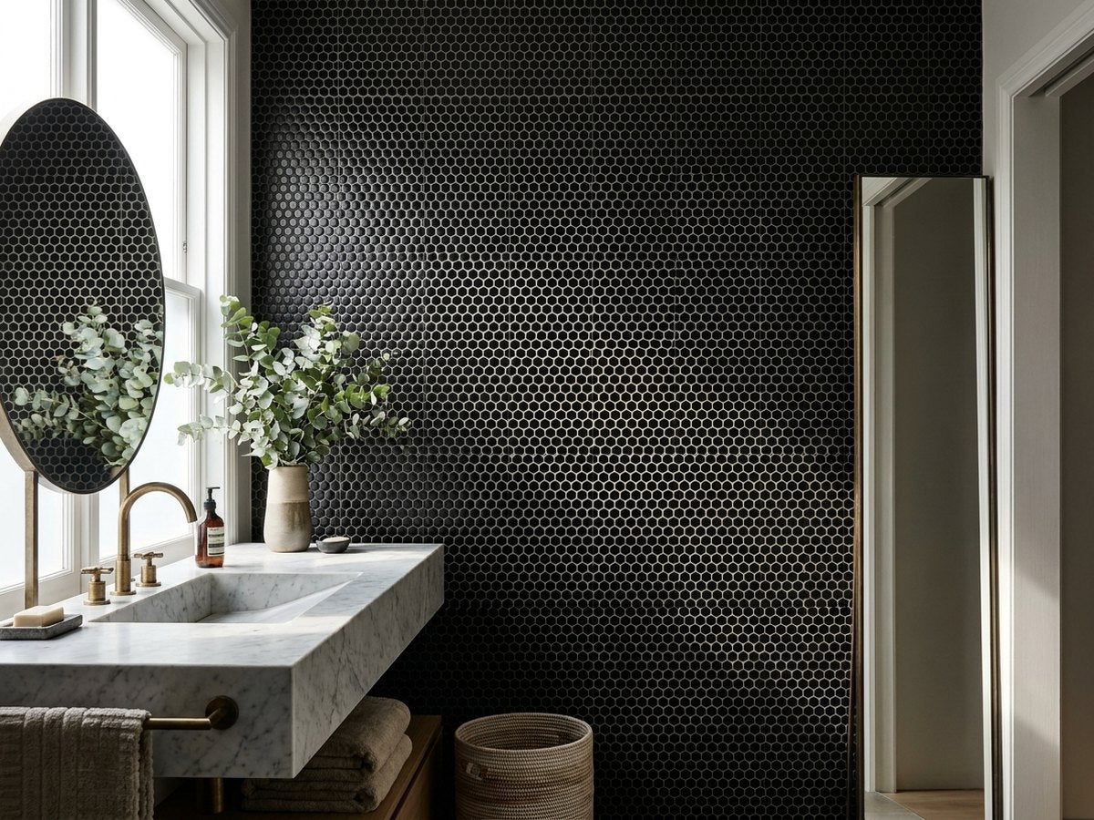 Black Penny Gloss Mosaic Sheet 292x315 tiles in a room