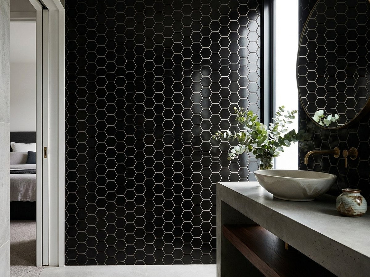 Black Hexagon Gloss 51x51 Mosaic tiles in a room