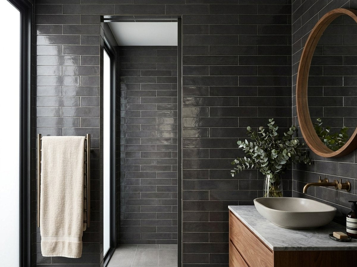 Soul Antracite Gloss 75x300 tiles in a room