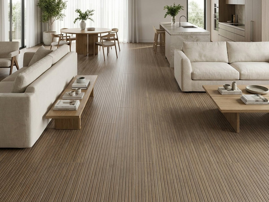 Groove Dark Walnut Rectified Matt 400x1200 tiles in a room