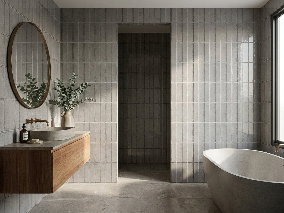 Alchimia Pearl Med Grey Gloss 75x300 tiles in a room