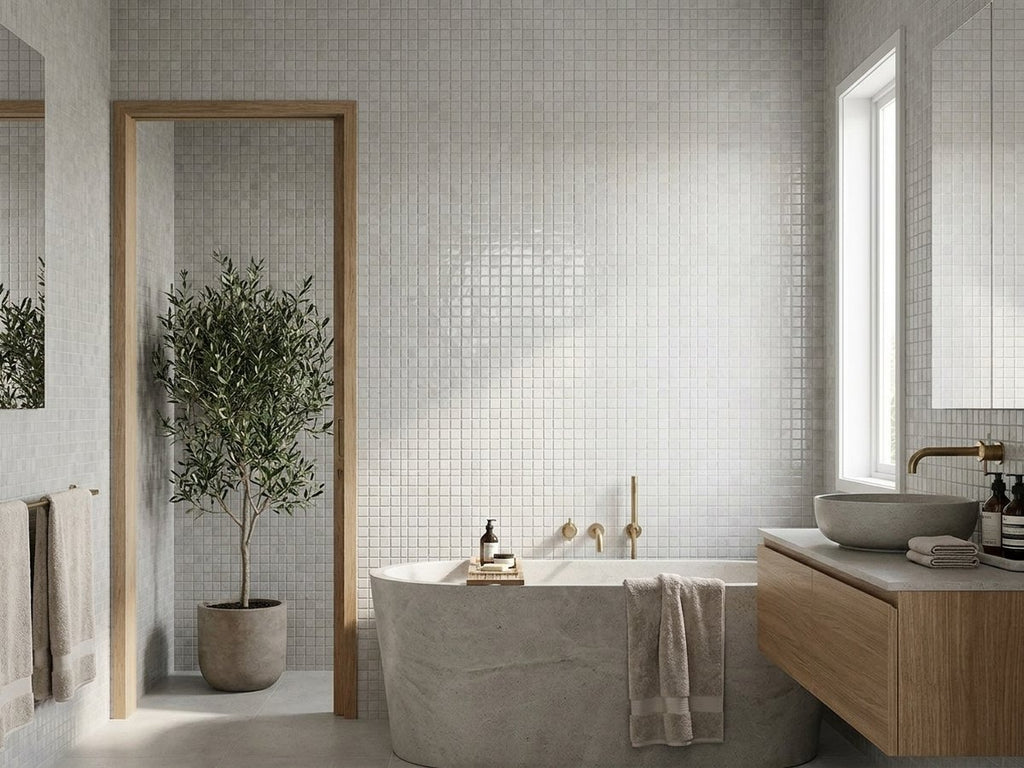 Bella White 2 Gloss 100x100 tiles in a room
