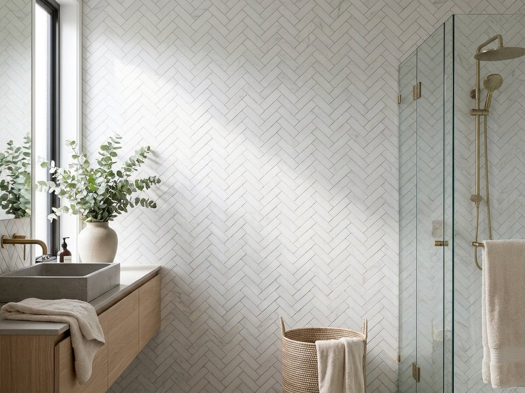 Herringbone Carrara Porcelain Matt 6x24 Mosaic tiles in a room
