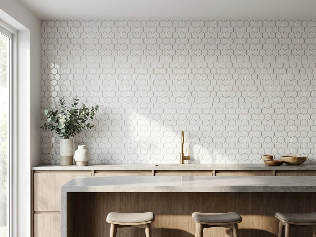 White Big Hexagon Gloss 50x50 Mosaic tiles in a room