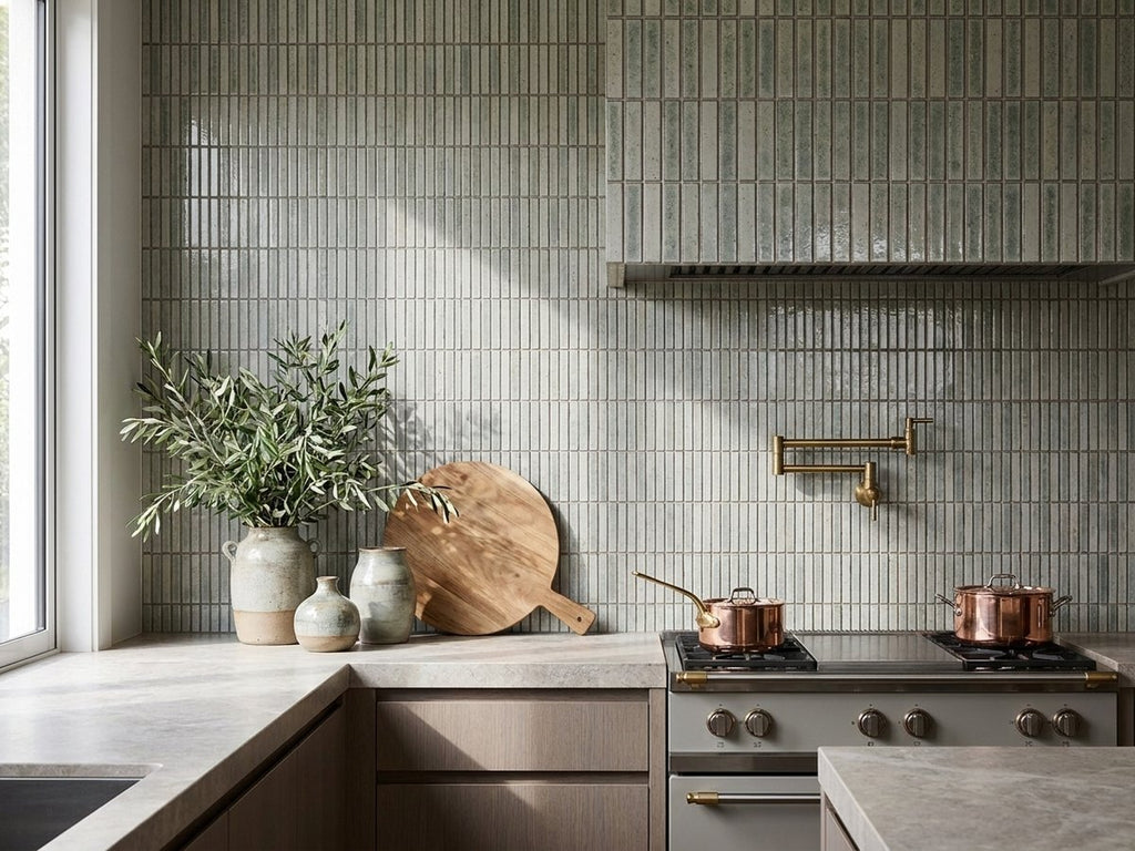 Hikari Finger Pistachio Gloss 20x145 Finger Mosaic tiles in a room