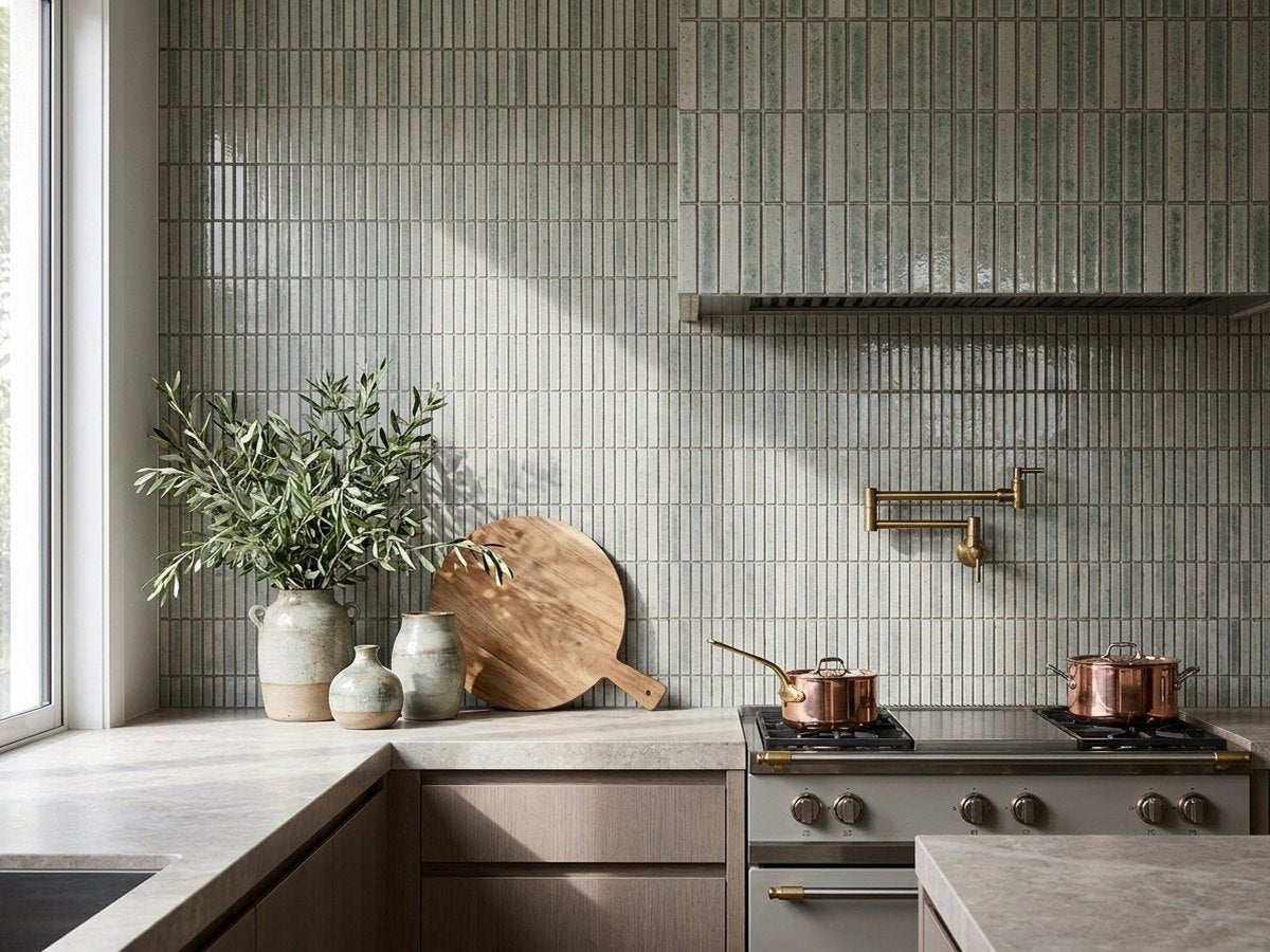Hikari Finger Pistachio Gloss 20x145 Finger Mosaic tiles in a room