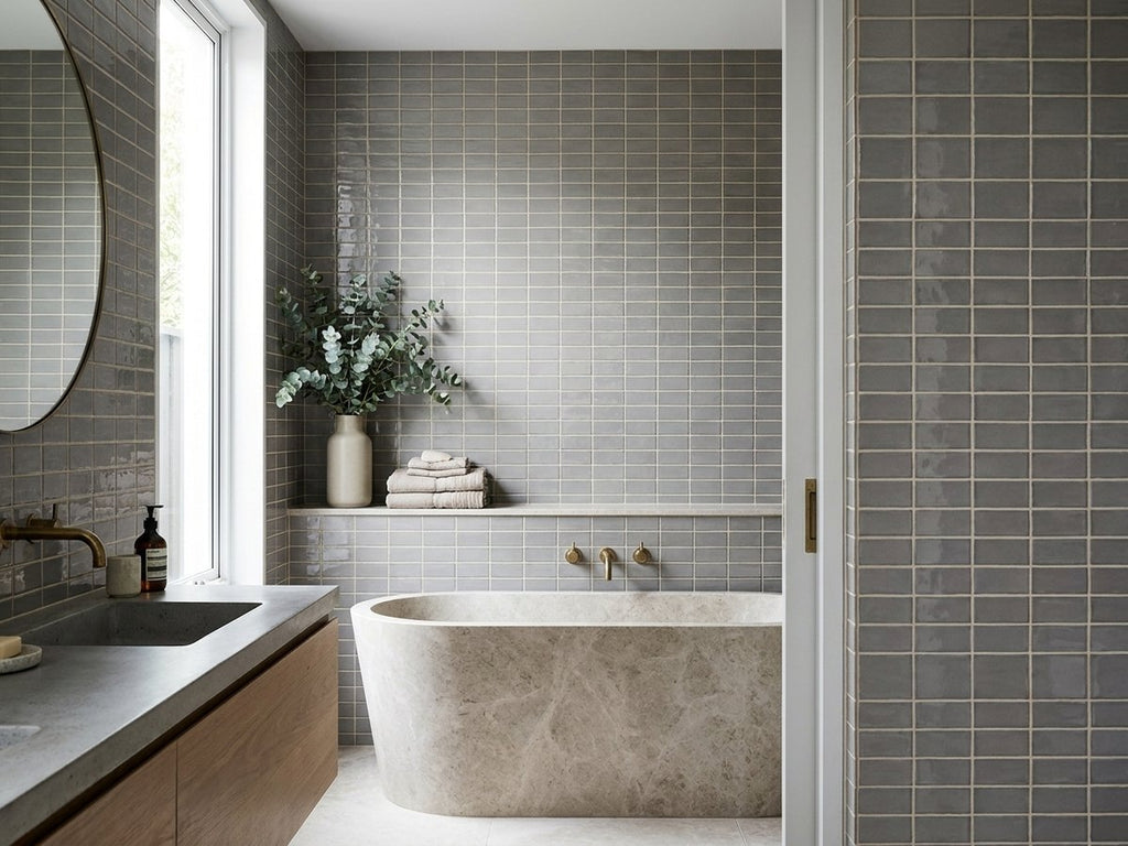 Hand Made Ardesia (med Grey) Gloss 75x150 tiles in a room