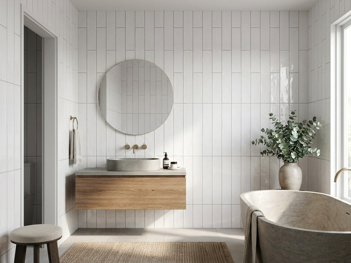 Hand Made Brick White Gloss 75x300 tiles in a room