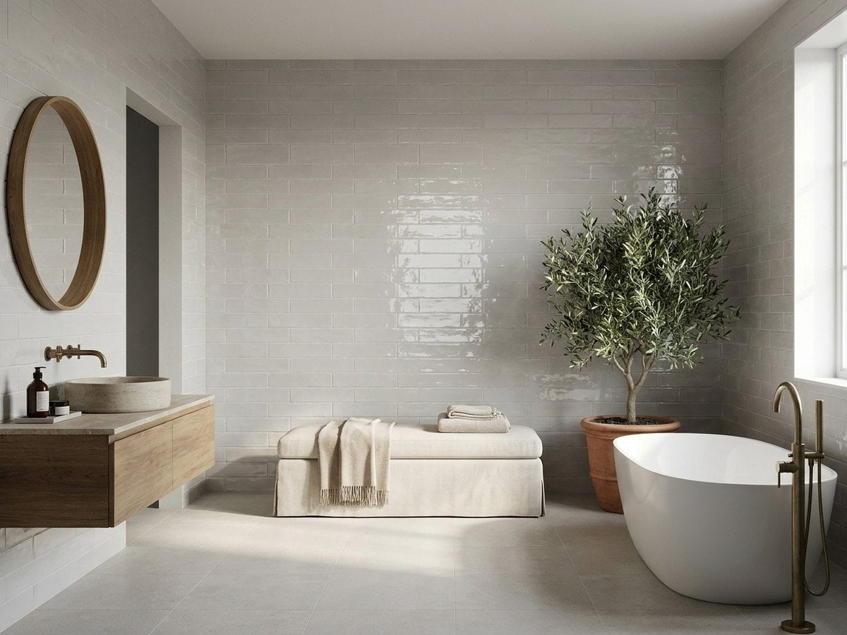 Hand Made New Dune Ash Gloss 75x300 tiles in a room