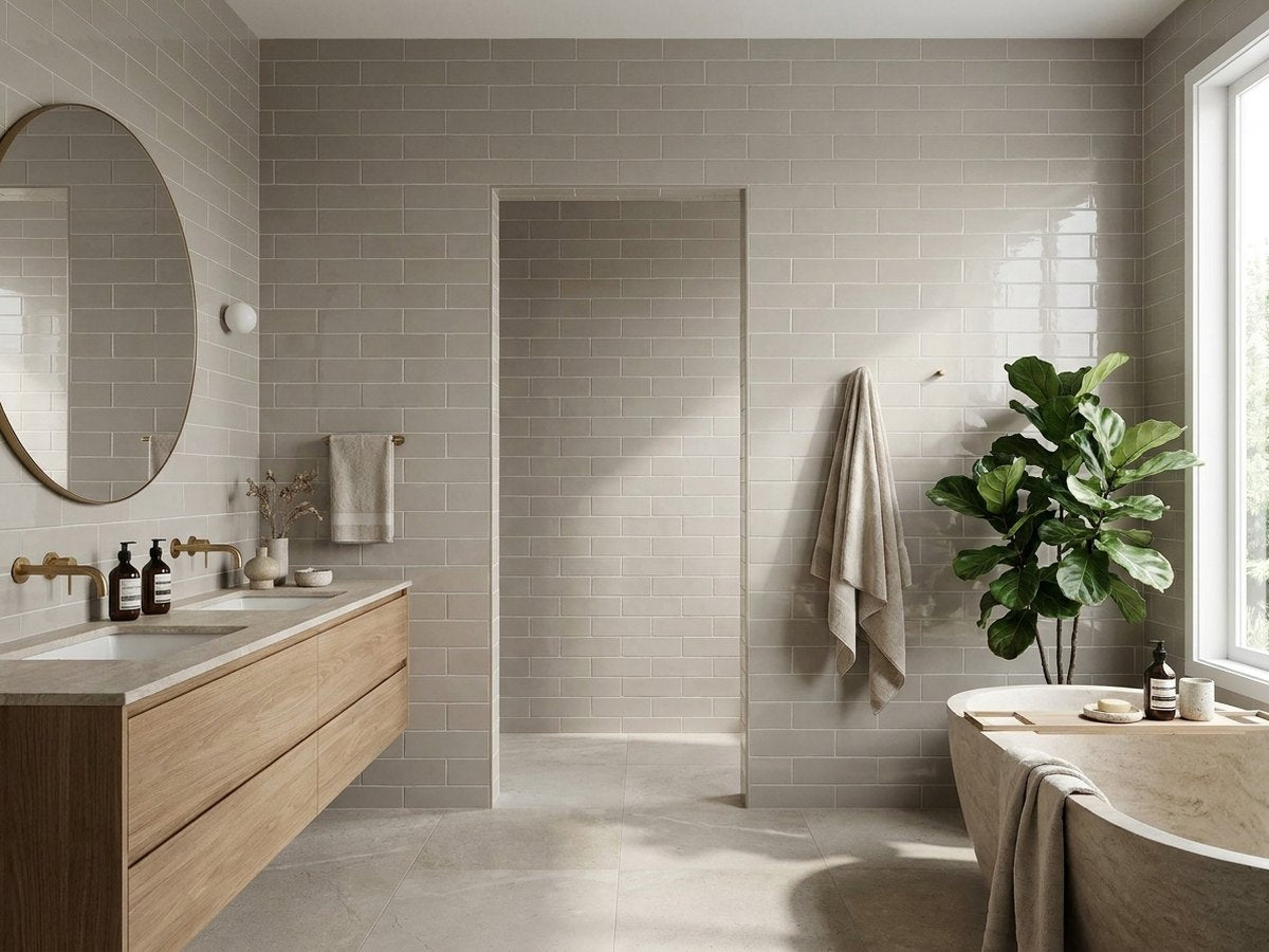 Hand Made Brick Latte Gloss 75x300 tiles in a room