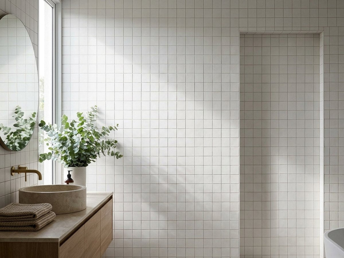 Bega White Cushion Edge Matt 100x100 tiles in a room
