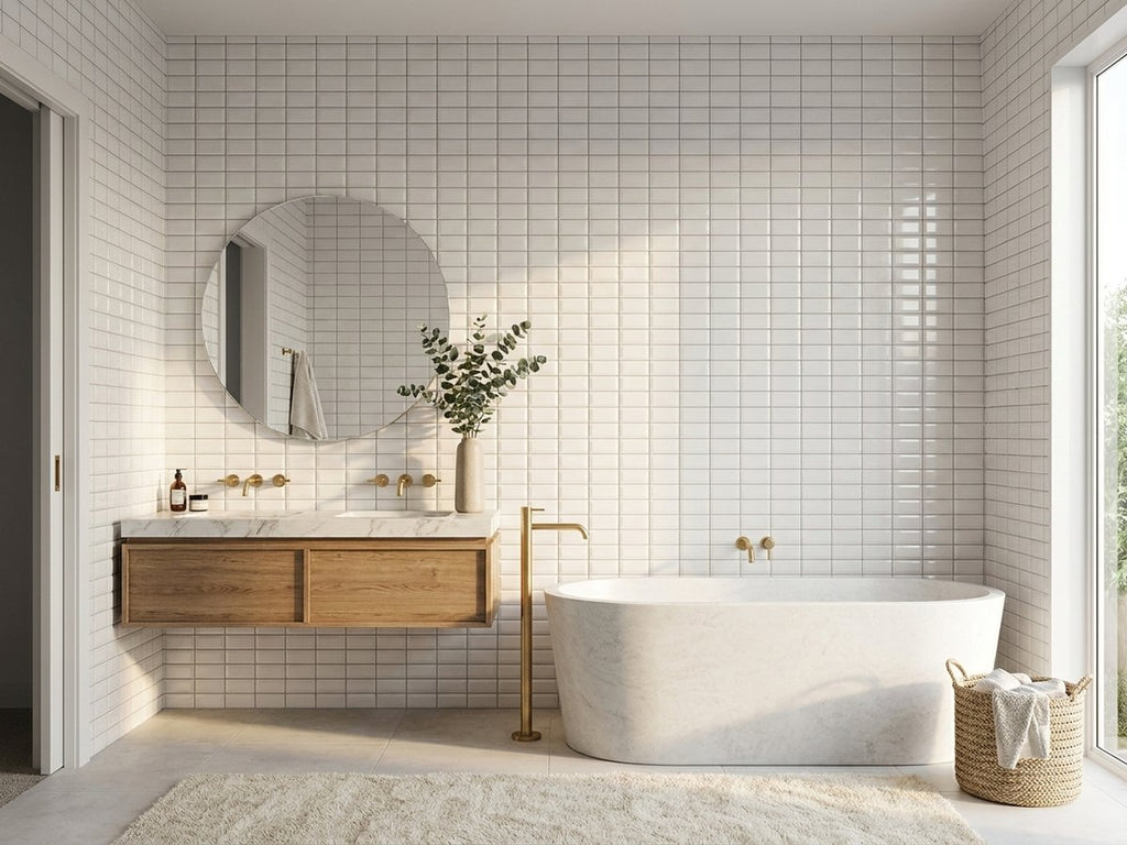 Bega Bevelled White Cushion Edge Gloss 75x150 tiles in a room