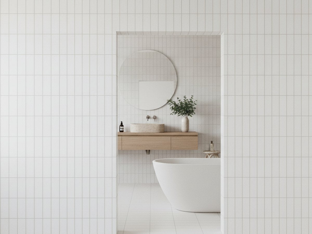Bega White Cushion Edge Matt 100x200 tiles in a room