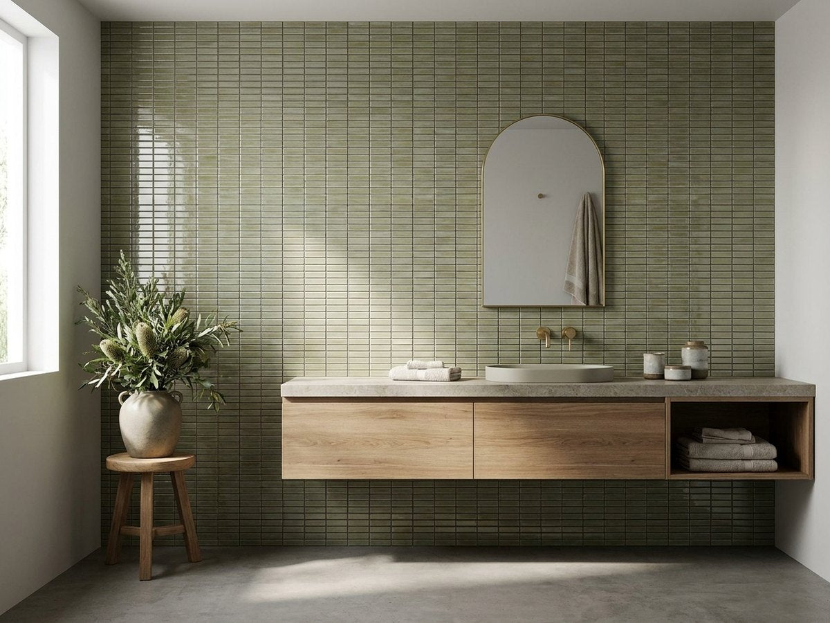 Concave Kuro Wheat Gloss 20x145 Finger Mosaic tiles in a room