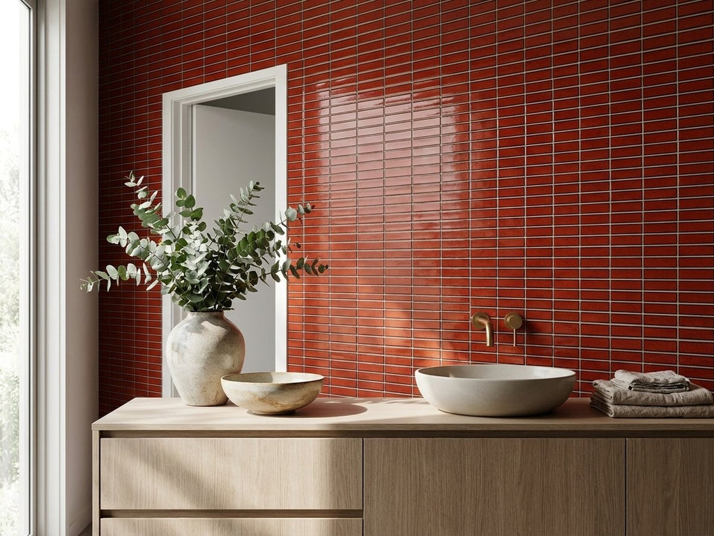 Concave Kuro Rust Gloss 20x145 Finger Mosaic tiles in a room