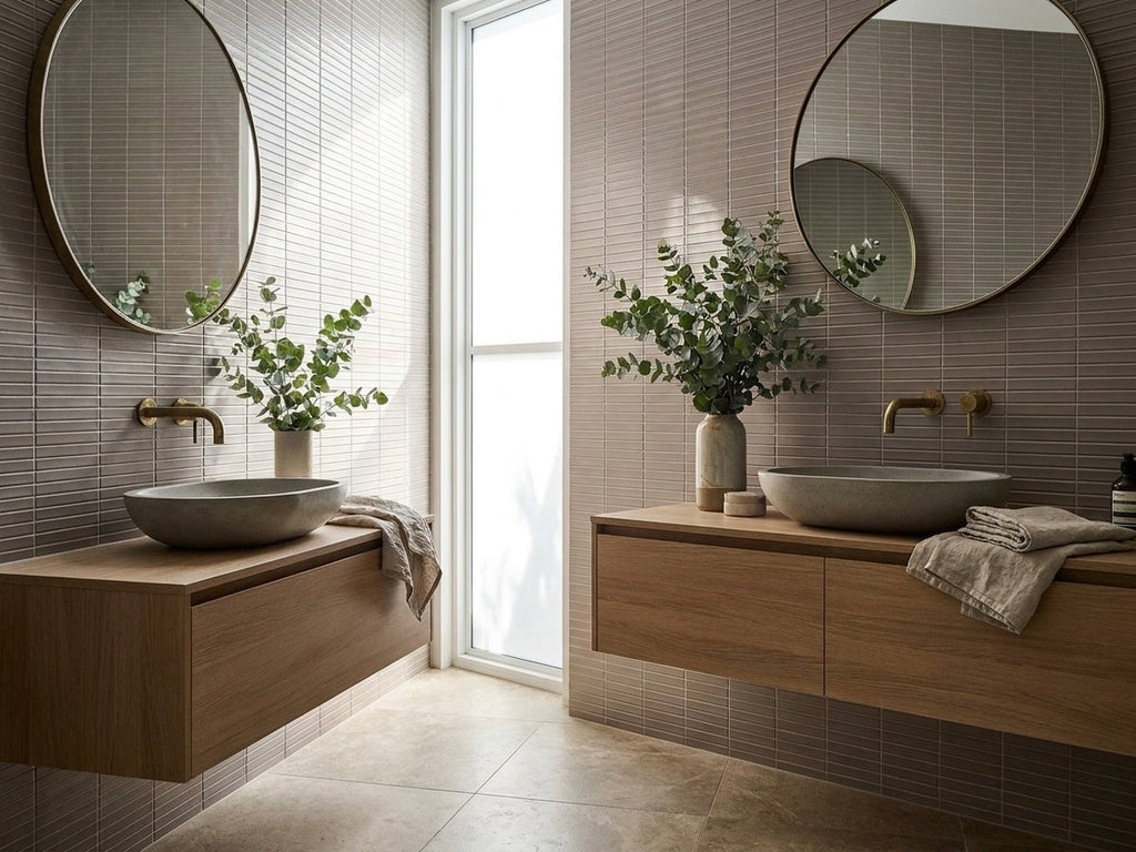 Concave Sumi Pink Matt 20x145 Finger Mosaic tiles in a room