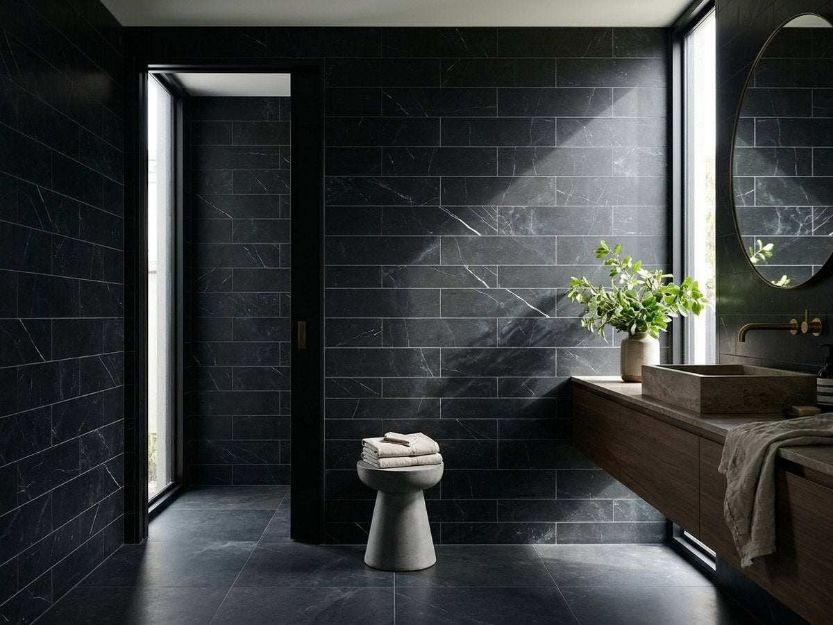 Imperial Marble Marquina Matt 75x300 tiles in a room