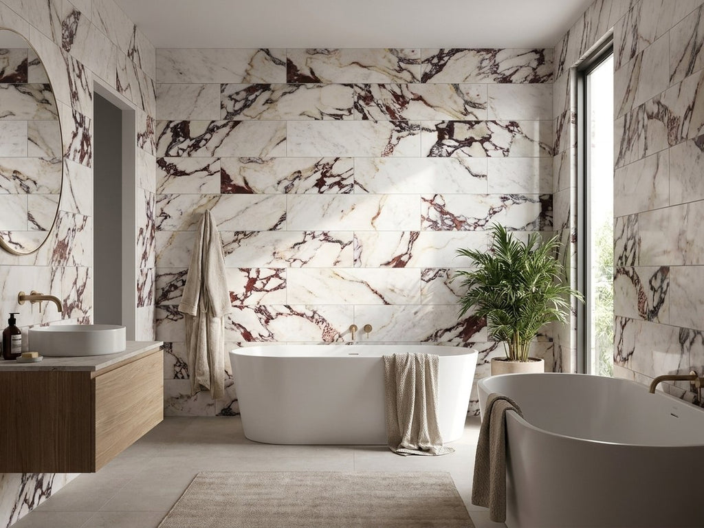 Imperial Marble Calacatta Viola Matt 75x300 tiles in a room
