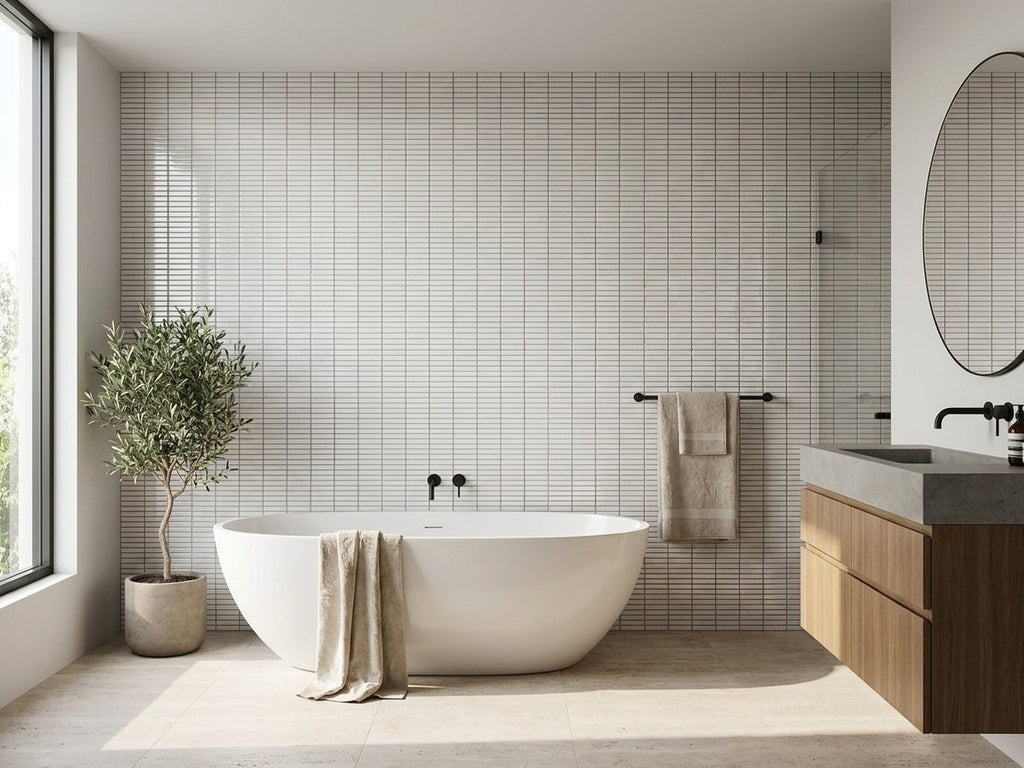 Crystal Glaze Shell White Porcelain Glazed 12x92 Finger Mosaic tiles in a room
