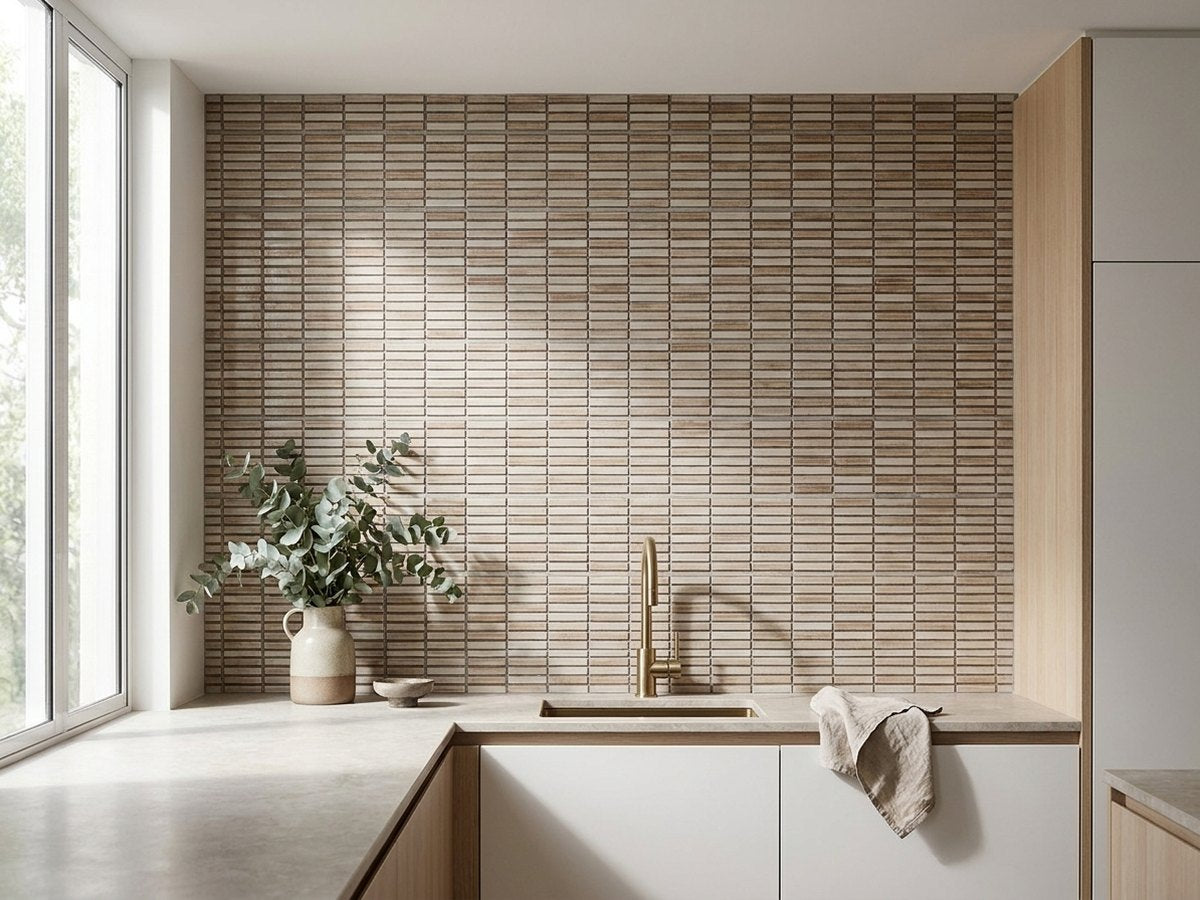 Shiki Sticks Caramel Fade Porcelain Glazed 12x92 Finger Mosaic tiles in a room