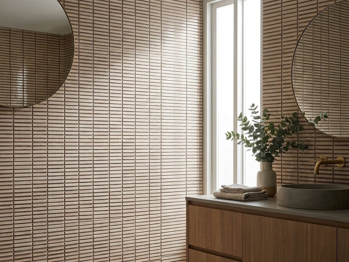 Shiki Sticks Clay Mist Porcelain Glazed 12x92 Finger Mosaic tiles in a room