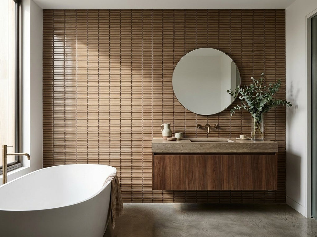 Shiki Sticks Cocoa Stone Porcelain Glazed 12x92 Finger Mosaic tiles in a room