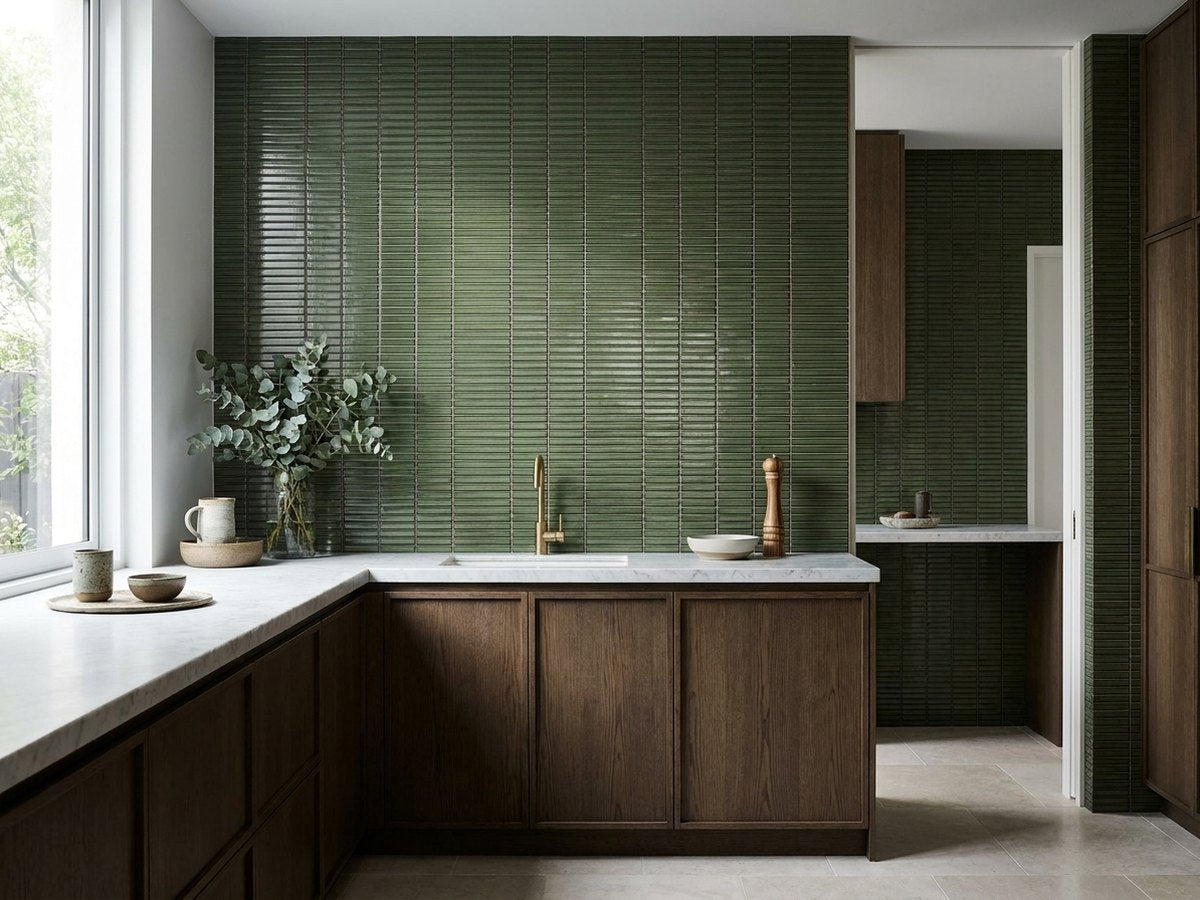Shiki Sticks Green Stone Porcelain Glazed 12x92 Finger Mosaic tiles in a room