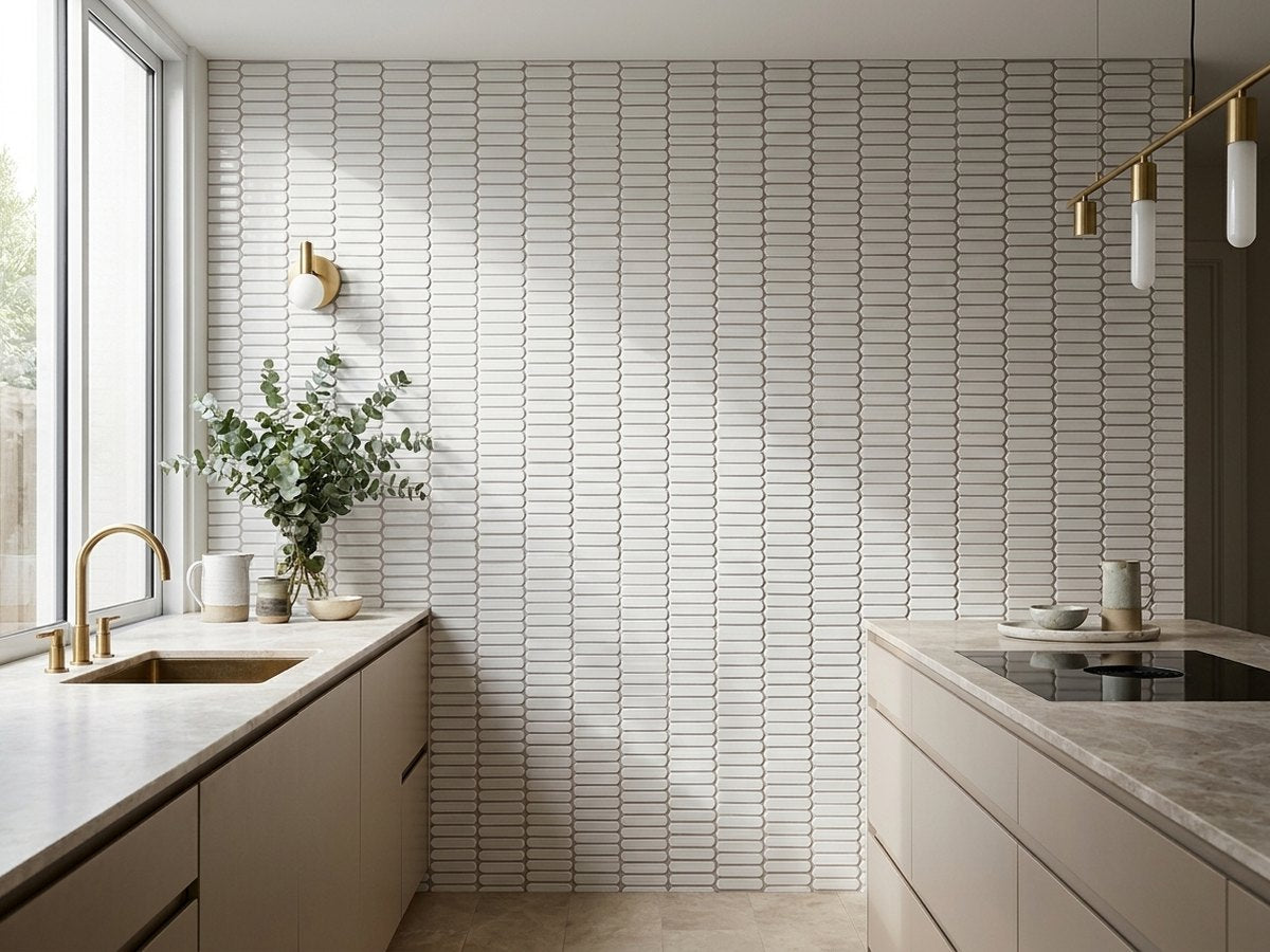 Long Oval Snow Gloss 23x98 Mosaic tiles in a room