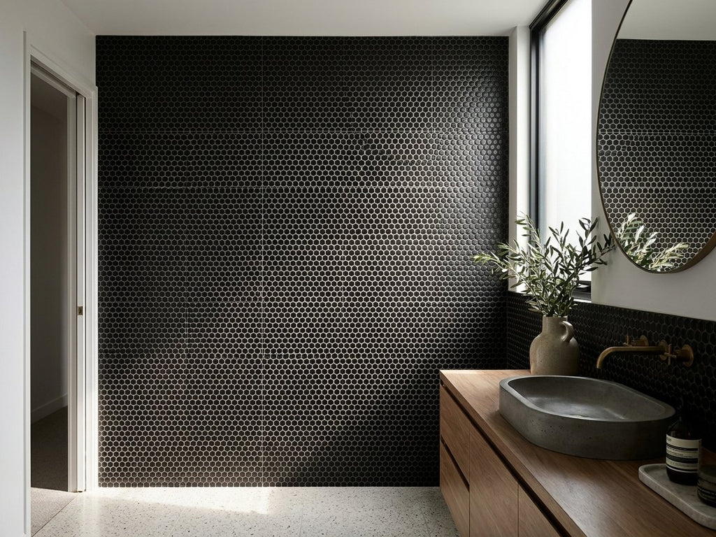 Black Penny Matt Mosaic Sheet 310x324 tiles in a room
